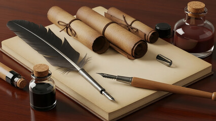 Vintage writing stationery with quill pen and ink bottles on wooden desk