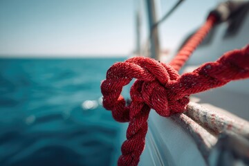 Focus on a red rope tied in a complex knot against blurred water and blue sky