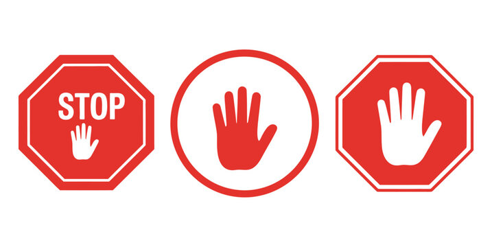 Stop, do not cross, ban, forbidden and alert icon set, featuring red stop sign, hand stop vector illustration, perfect for safety signage, hazard warnings, restricted areas, traffic alerts