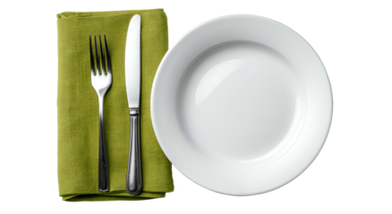 Table setting with a green cloth, fork, knife, and empty white plate