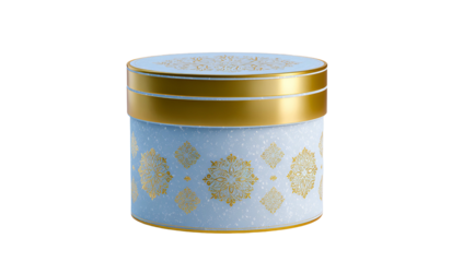 Cylinder gift box; light blue with gold trim and geometric patterns; isolated on black