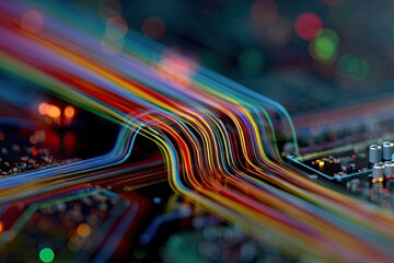 Close-up view of vibrant, flowing lines of light over a circuit board with blurred bokeh