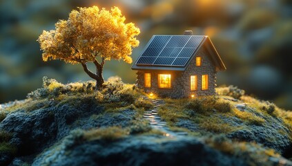 Tiny stone house with solar panels, illuminated windows, beside a glowing autumn tree on a secluded hill