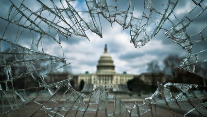 Government Buildings Behind Cracked Glass Symbolizing Fragile Governance and Institutional Instability
Fragile Governance Concept Showing Government Buildings Fractured by Glass Cracks
