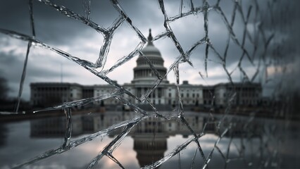 Government Buildings Behind Cracked Glass Symbolizing Fragile Governance and Institutional Instability
Fragile Governance Concept Showing Government Buildings Fractured by Glass Cracks
