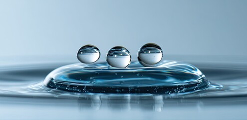 Three spherical water droplets levitating over a water surface with delicate ripples