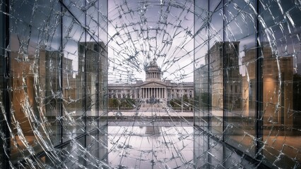 Government Buildings Behind Cracked Glass Symbolizing Fragile Governance and Institutional Instability
Fragile Governance Concept Showing Government Buildings Fractured by Glass Cracks
