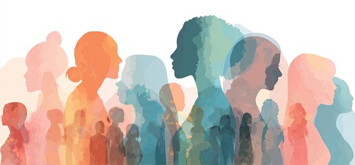 Silhouette portraits of women in layered watercolor hues, conveying diversity and unity