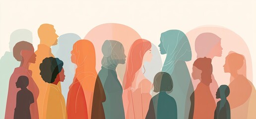 Diverse silhouettes of people in various shades with overlapping forms on a light background