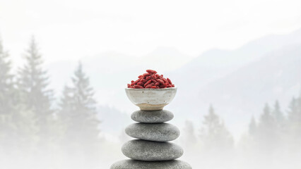 Zen Minimalist Composition Of Himalayan Goji Berries In Ceramic Bowl Balanced On Grey River Stone Cairn With Misty Mountain Forest Background