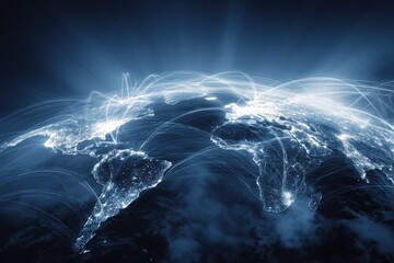 Global view of Earth, lit with interconnected lines representing digital or network connections