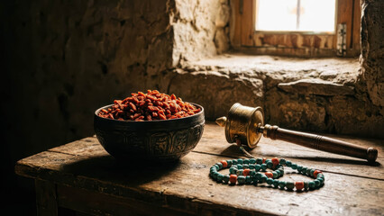 Rustic Hand Carved Tibetan Brass Bowl Overflowing With Dried Goji Berries On Vintage Wooden Table With Prayer Wheel And Mala Beads