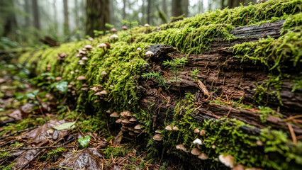 Macro Ground Level Shot Of A Decaying Nurse Log Covered In Green Moss And Mushrooms With Sprouting New Seedlings In Forest