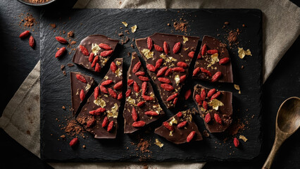 Top Down Flat Lay Of Dark Artisan Chocolate Bark Topped With Vibrant Red Dried Goji Berries And Edible Gold Leaf Flakes On Black Slate Background