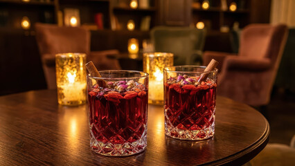 Two Elegant Crystal Glasses Filled With Ruby Red Goji Berry And Rose Petal Infusion Floating Cinnamon Stick On Romantic Background
