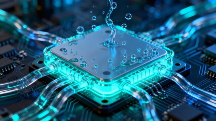 Advanced Cooling System for High-Performance Computer Chip, Futuristic Technology, Innovation, Data Processing, AI, Server Cooling