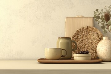 A serene arrangement of natural objects and ceramics on a neutral-toned surface