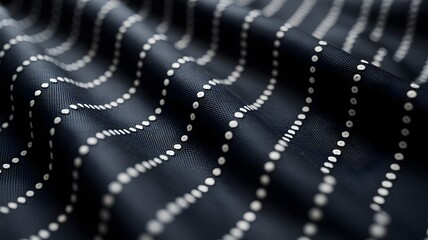 Dark navy blue fabric with elegant white dotted pinstripes and soft undulating waves creating a luxurious textile background texture