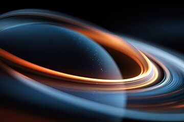 Abstract, luminous rings encircle a dark sphere against a shadowed background