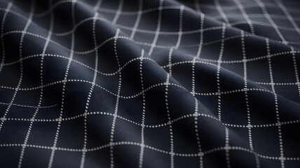 Elegant dark blue fabric with a detailed white dotted grid pattern and soft flowing wrinkles a sophisticated textile background showing intricate texture