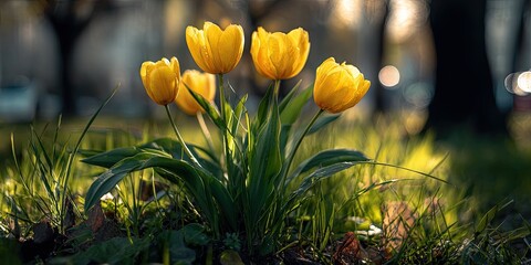 Vibrant yellow tulips in a patch of green grass with soft sunlight and blurred background