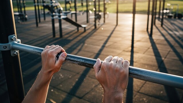 Hands gripping bar during outdoor workout at urban fitness park at sunset - Powered by Adobe