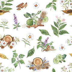 Botanical seamless pattern of the detailed watercolor illustrations of the fragrant plants and flowers: patchouli, flowering tobacco, tobacco leaves, sandalwood, rockrose, anise, bergamot, vetiver