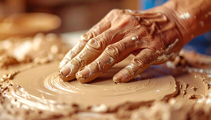 Hand molding fresh clay, fingers carefully manipulating the material. Hobby and leisure concept.