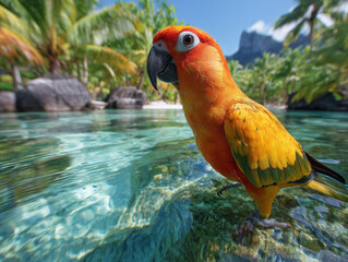 Sun conure parrot in tropical turquoise water