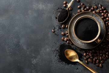 Overhead shot of a cup of dark coffee, spoon, beans, on a textured dark surface