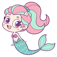 Obraz premium A cute cartoon mermaid girl with pink and teal hair and tail on a white background vector graphic