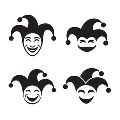 Fototapeta premium april fools day Set of Black and White Joker and Jester Face Silhouette Icons, Playful Clown Expressions with Traditional Three-Pointed Hat for Performance Arts