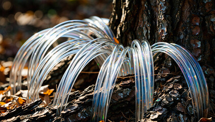 Water Curtain Flowing Over Tree Bark in Autumn