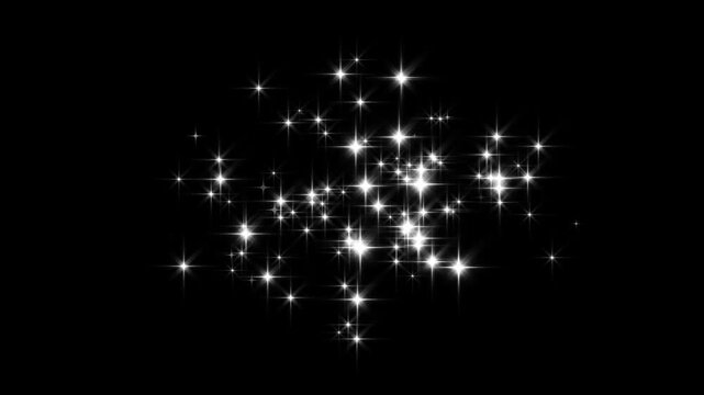4k Twinkle sparkle stars explosion on black screen, fast line glitter motion, 2d white cartoon blinking stars, flat vector doodle sparkle,  particle magic tail sparkling glitter star dust trail loop