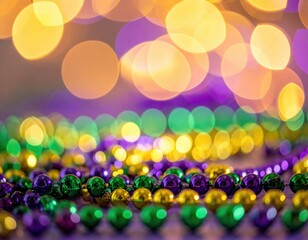 Purple green and gold Mardi Gras beads shimmer with blurred festive bokeh lights.