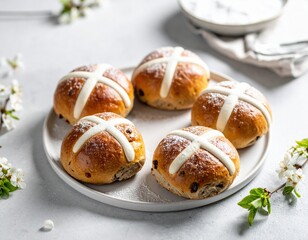 Delicious hot cross buns with traditional white crosses and powdered sugar artfully arranged on a pristine white plate, surrounded by delicate spring blossoms for a festive treat