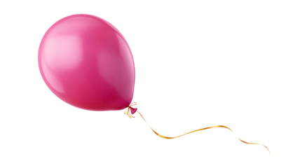 A pink, glossy balloon with a golden ribbon floats against a black background