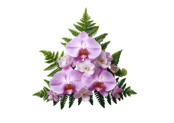 Delicate arrangement of light pink orchids and green fern fronds on black backdrop