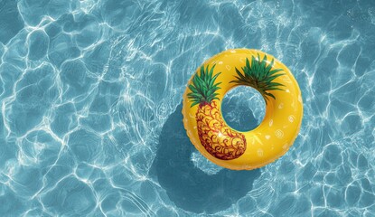Bright yellow pineapple pool float casts a shadow on shimmering blue water