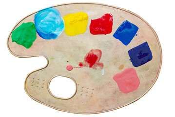 Palette with multi-colored paints top view