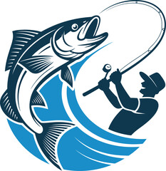 Fisherman Catching Large Fish with Rod and Reel Circular Vector Logo