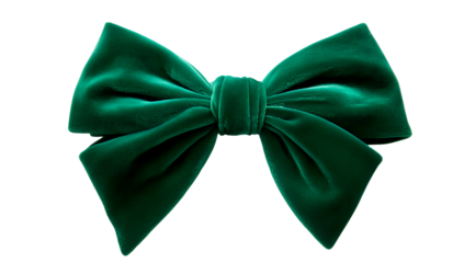 Close-up of a large, luxurious, velvet bow in deep emerald green, isolated on black