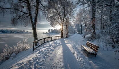 Snowy path with bench along a frozen lake; sunlit trees create a winter scene