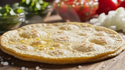 Delicious goldenbrown homemade flatbread possibly a tortilla or roti freshly cooked and resting on a rustic wooden table surrounded by blurred bowls of vibrant chopped fresh ingredients like green he.