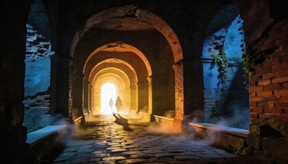 Naklejka premium Arched Corridor, Stone Architecture, Ancient Hallway - Light Tunnel Beckoning Interior Exploration - Timeless Architectural Beauty