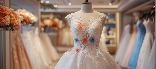 A detailed white wedding gown with colorful floral appliqués on a mannequin in a bright bridal shop setting