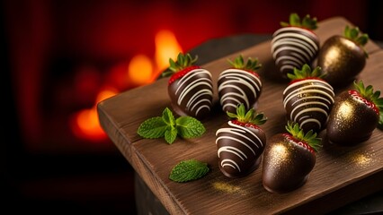 Chocolate covered strawberries presented on wooden board with blurred fireplace