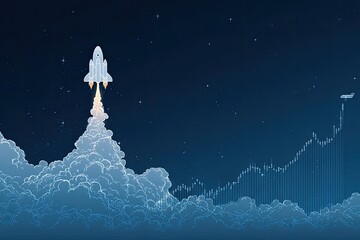 A rocket blasts off above clouds, while a stock chart illustrates increasing values