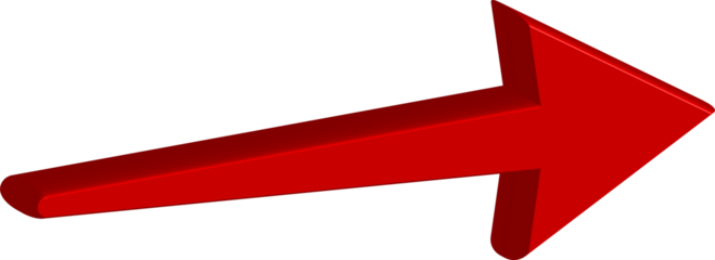 A vibrant red 3d arrow pointing right on transparent background