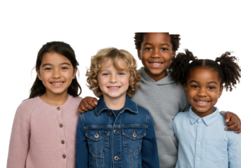 A young hispanic girl, caucasian boy, afro-american boy & girl (5-8 yrs) smiling, embracing, in a bright studio with white background, childhood friendship and unity concept